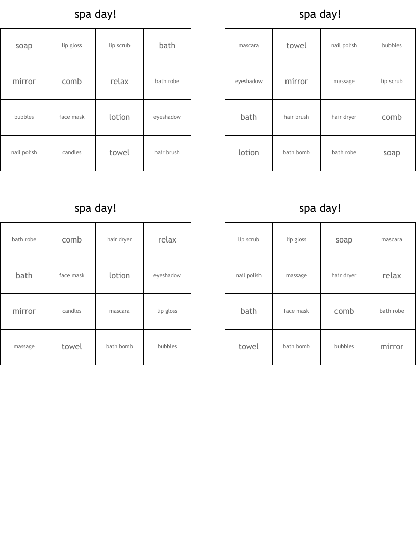 spa day! Bingo Cards