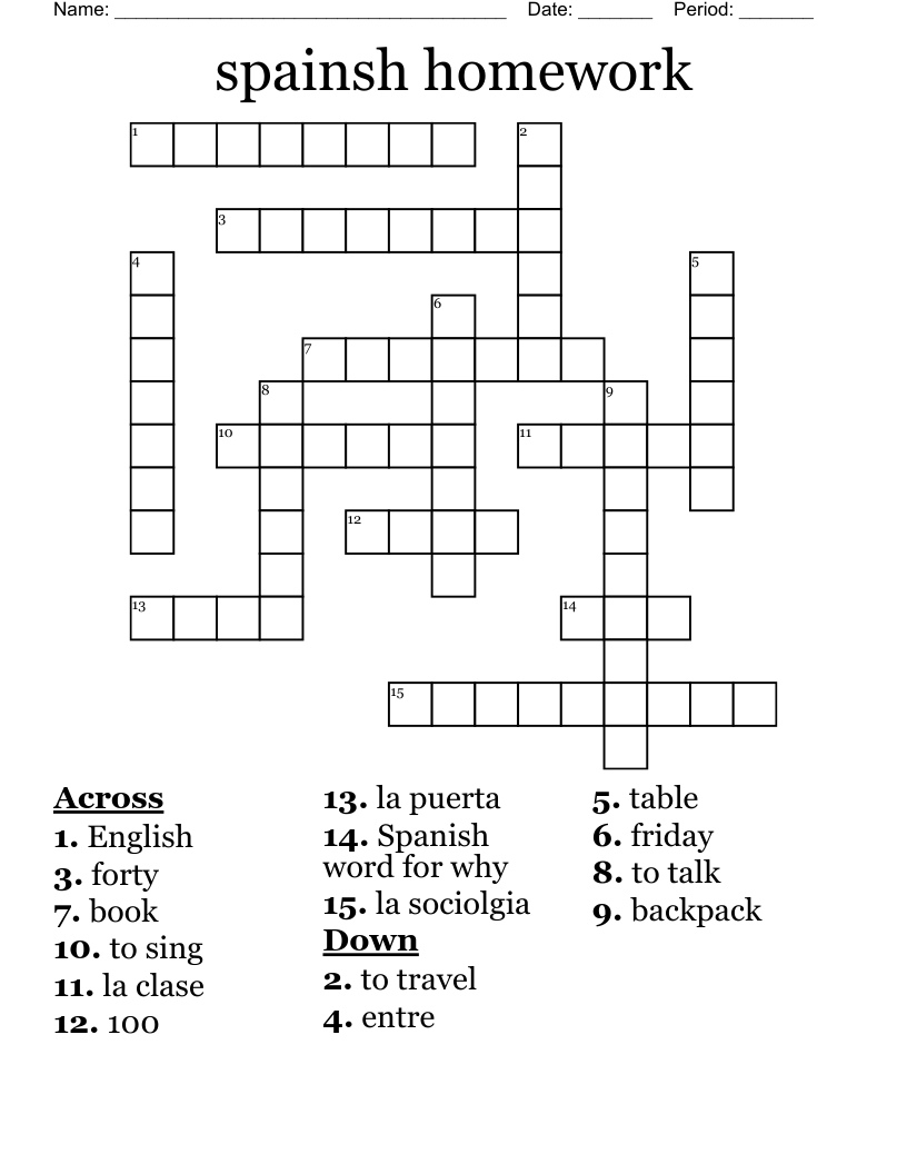 spainsh homework Crossword