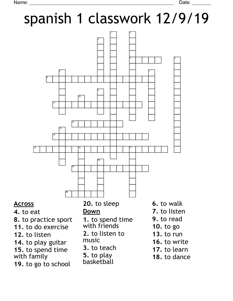 spanish 1 classwork 12/9/19 Crossword