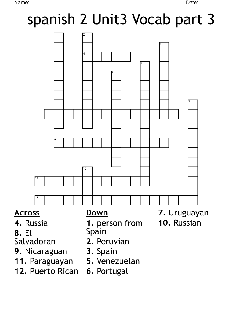  spanish 2 Unit3 Vocab part 3 Crossword
