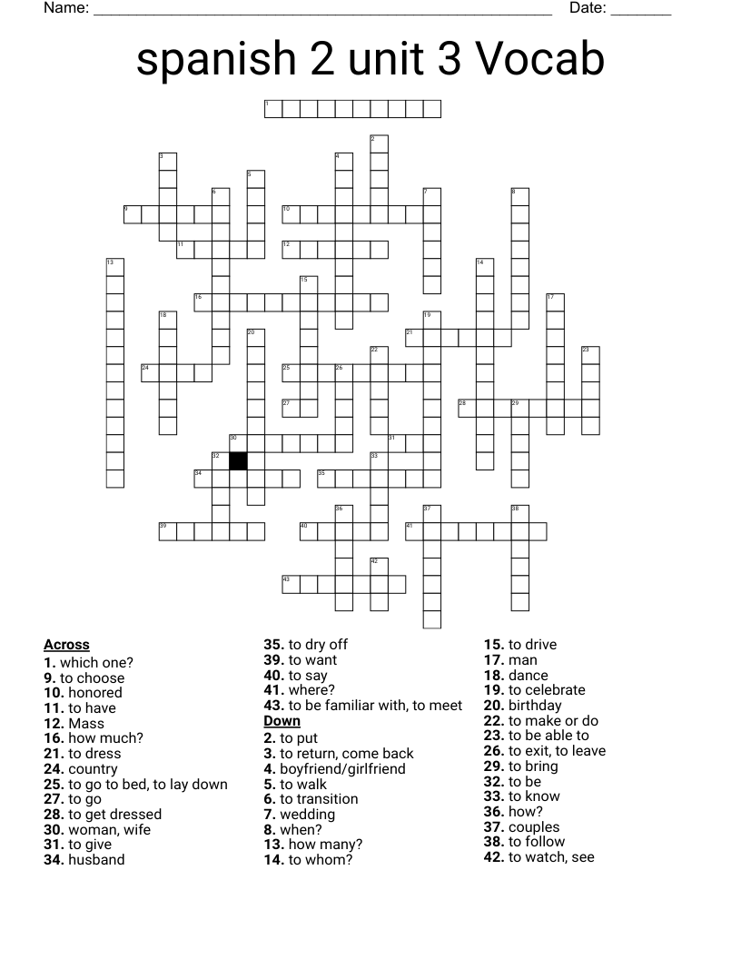 spanish 2 unit 3 Vocab Crossword