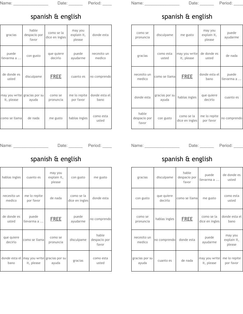 spanish & english Bingo Cards