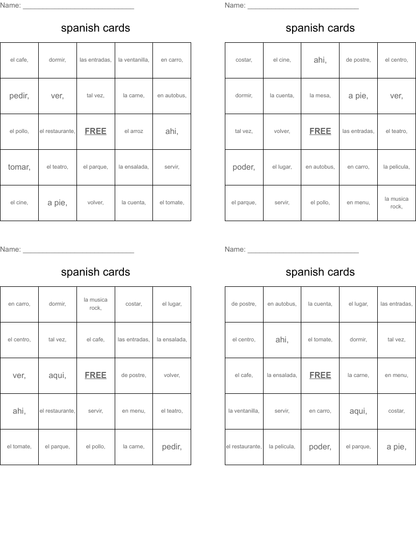 spanish cards Bingo Cards