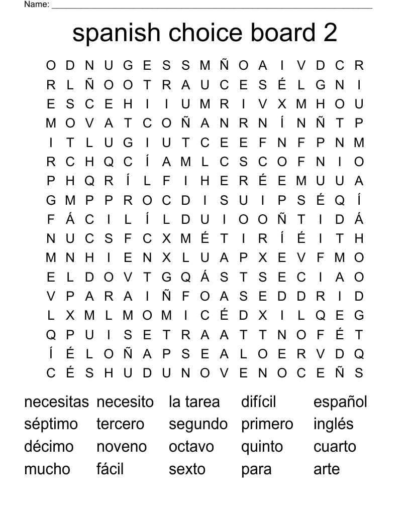 spanish choice board 2 Word Search