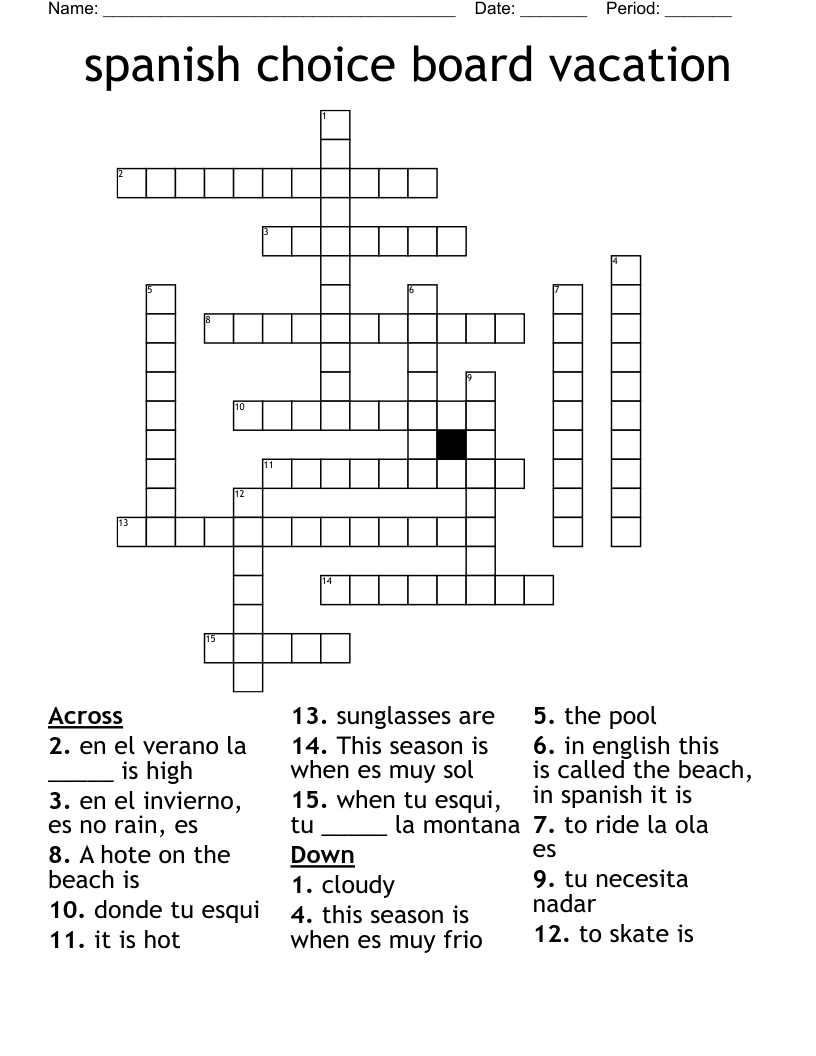 spanish choice board vacation Crossword