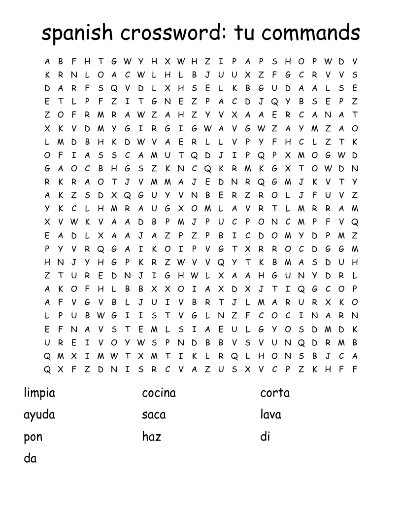 spanish crossword: tu commands Word Search