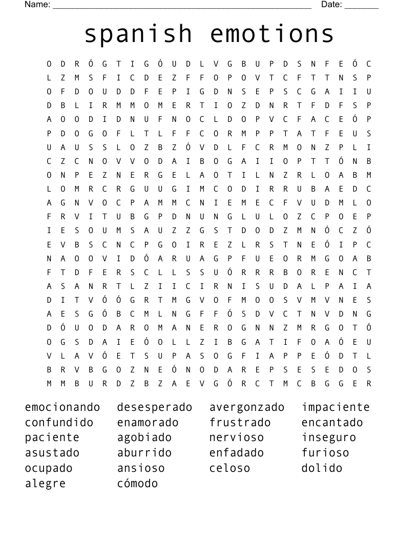 spanish emotions Word Search
