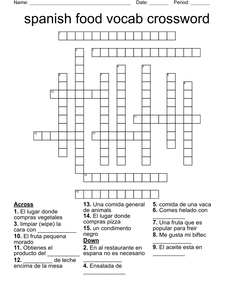 spanish food vocab crossword