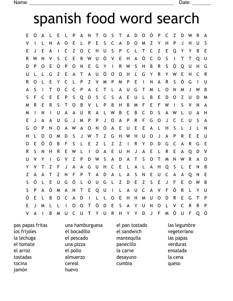 spanish food word search 