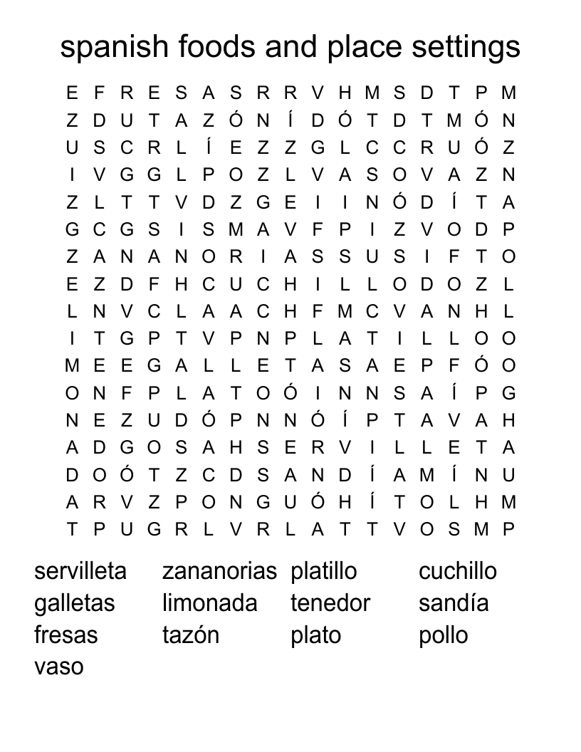 spanish foods and place settings Word Search