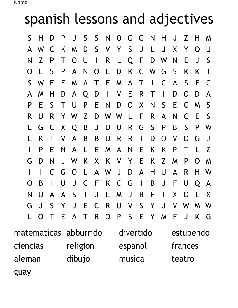 spanish lessons and adjectives Word Search
