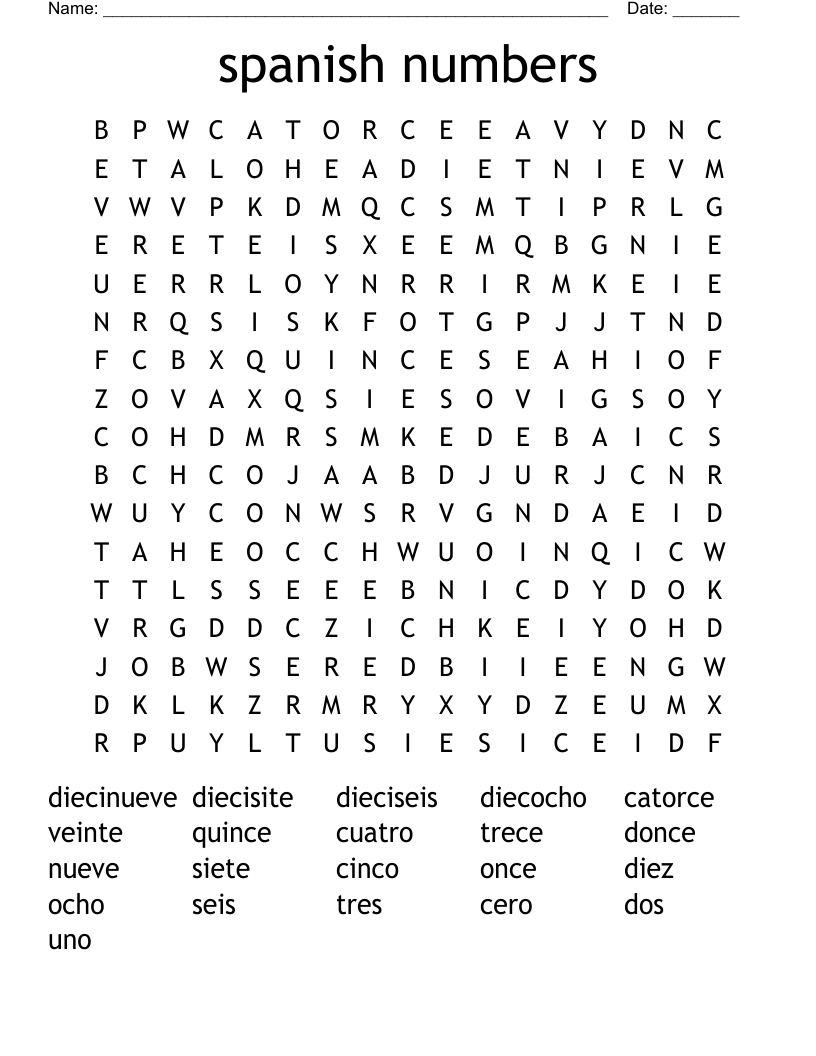 spanish numbers  Word Search
