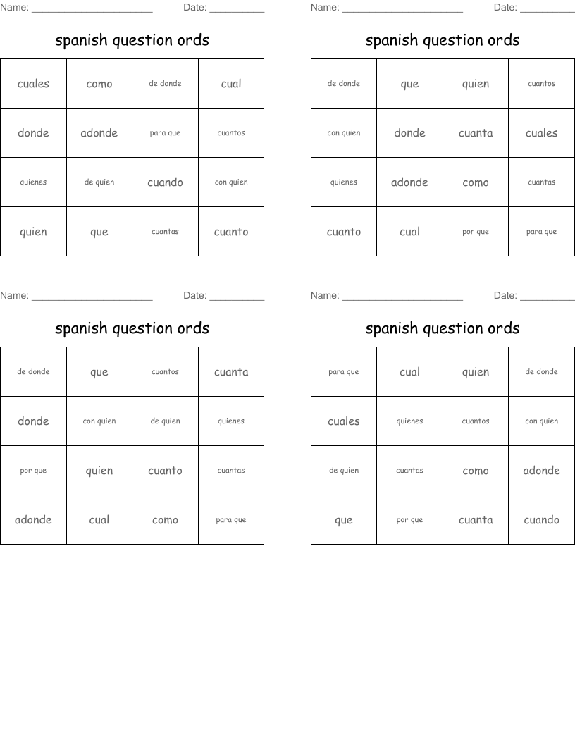 spanish question ords Bingo Cards