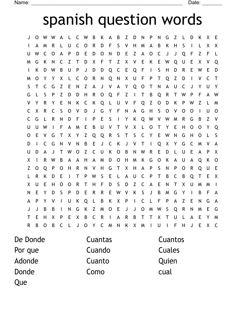 spanish question words Word Search