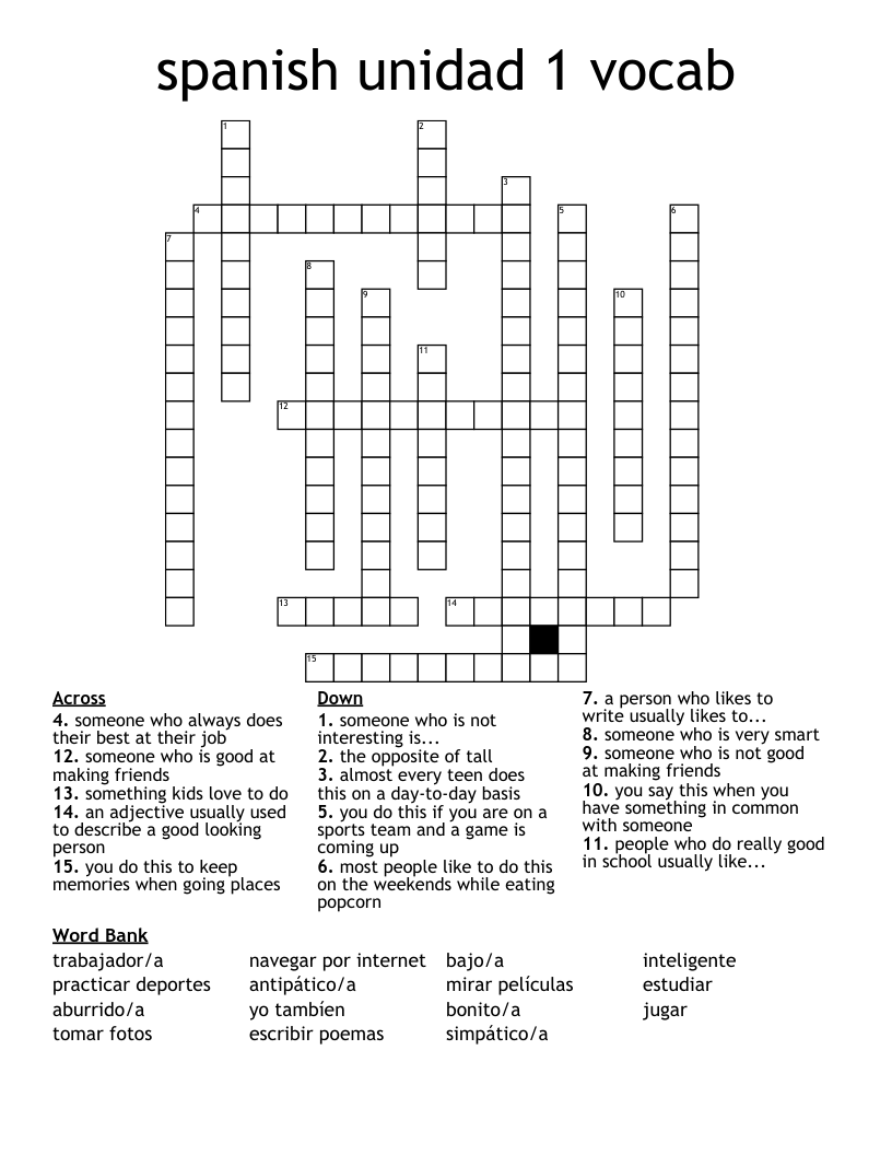 spanish unidad 1 vocab Crossword
