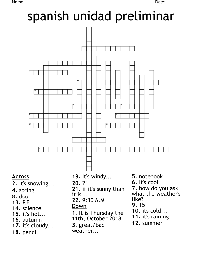 spanish unidad preliminar Crossword