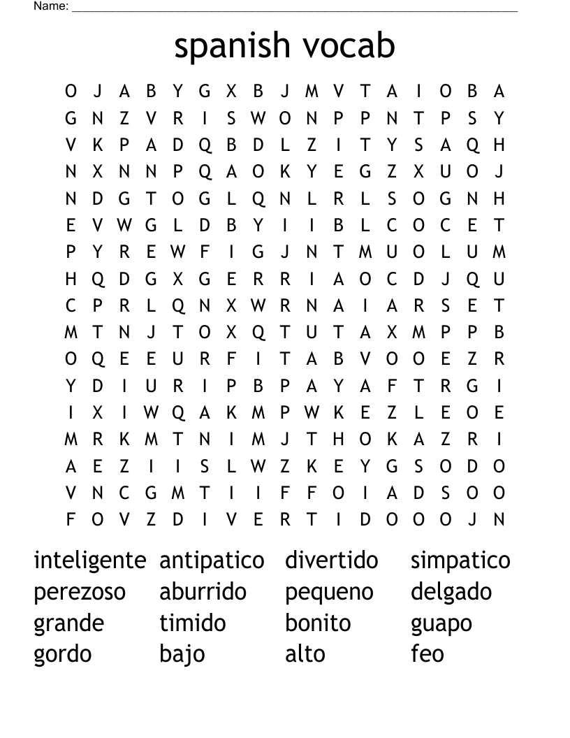 spanish vocab Word Search
