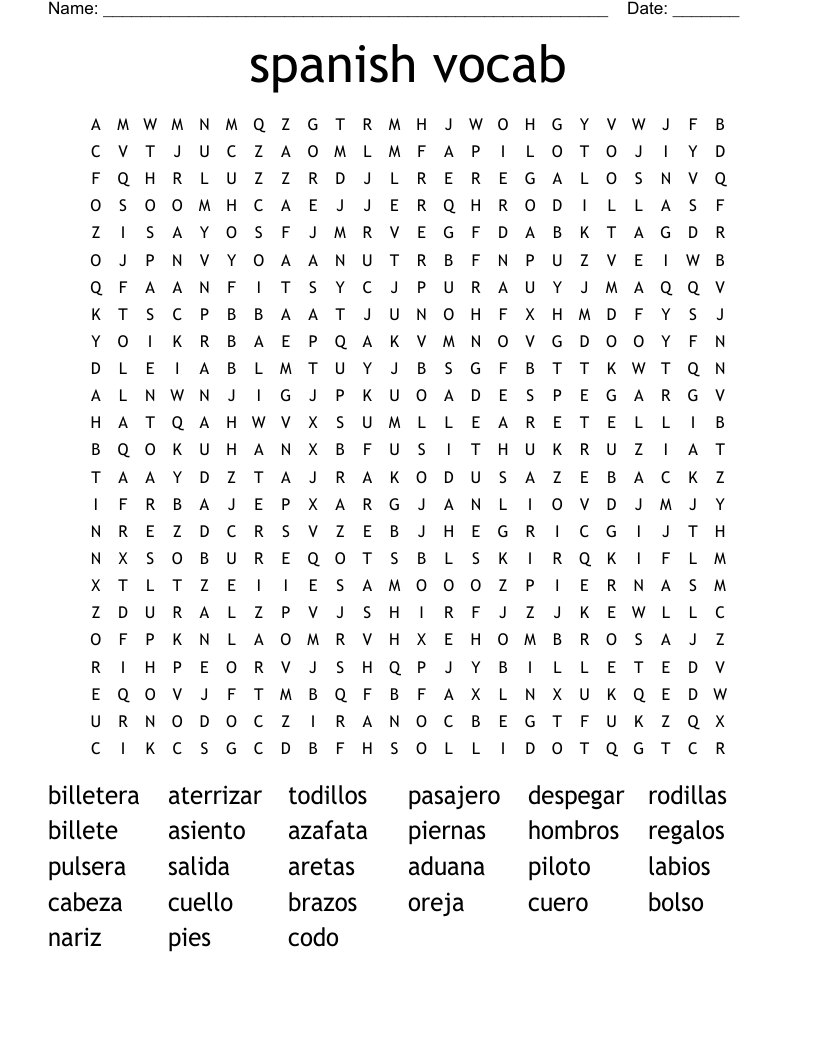 spanish vocab Word Search