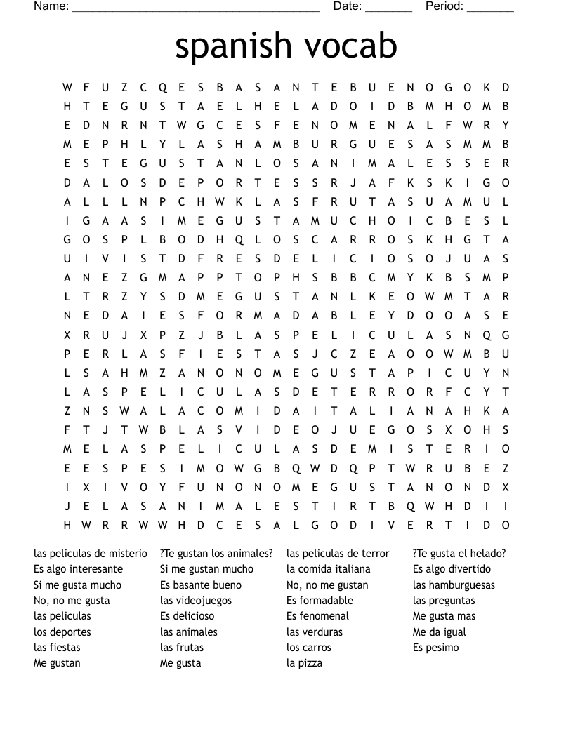 spanish vocab Word Search