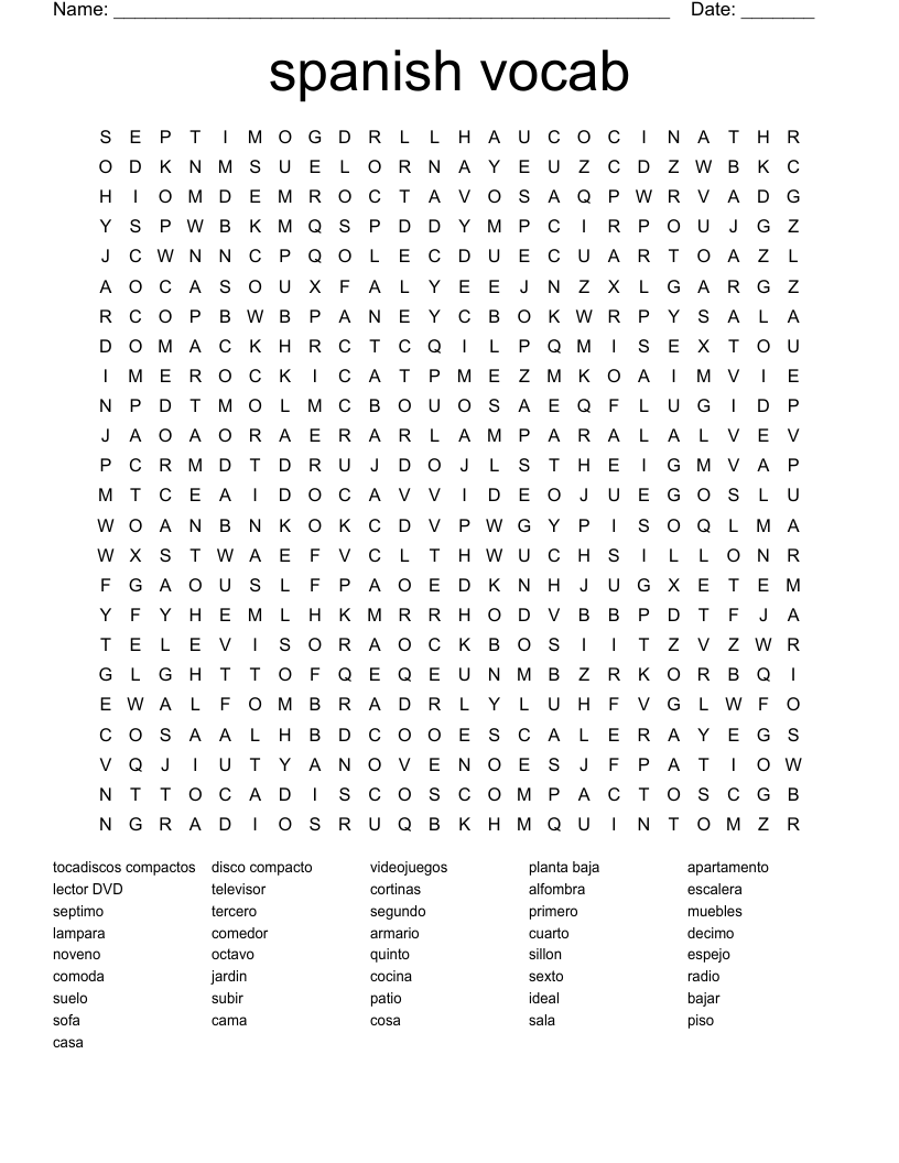 spanish vocab Word Search
