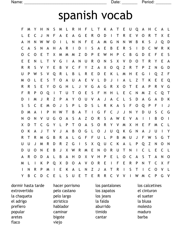 spanish vocab Word Search