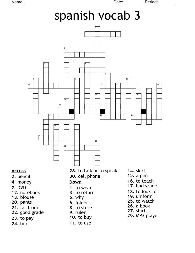 spanish vocab 3 Crossword