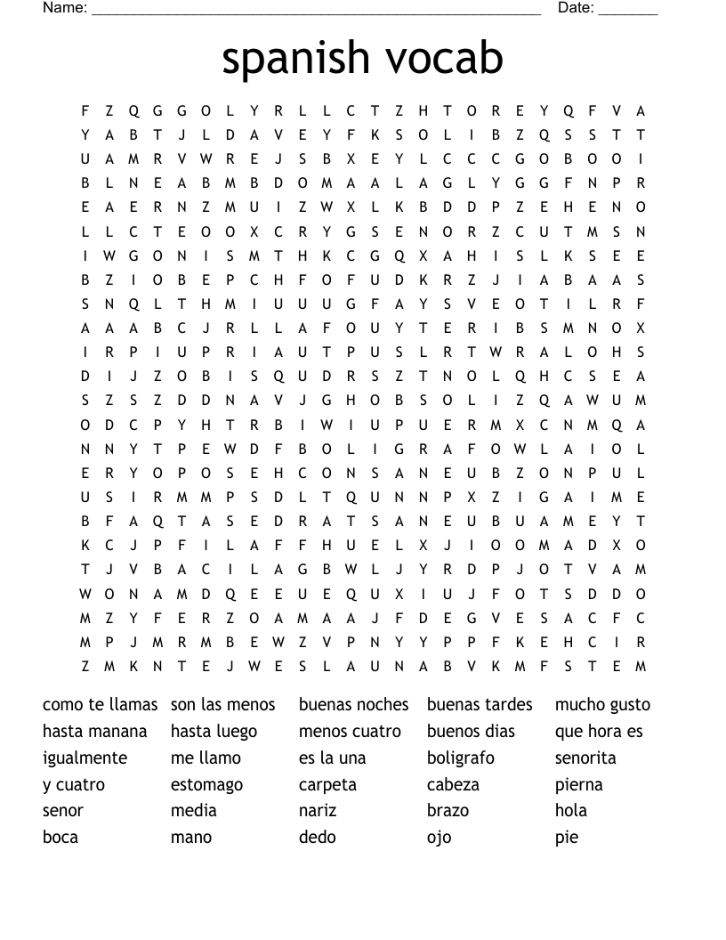 spanish vocab Word Search
