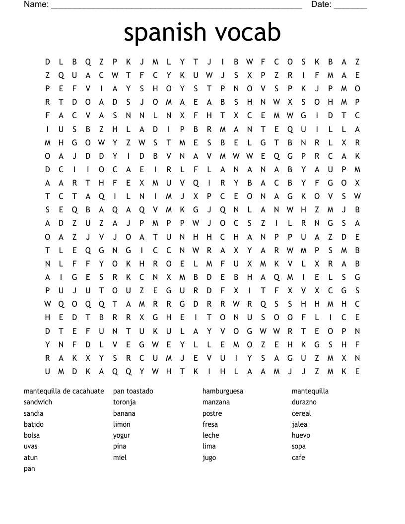 spanish vocab Word Search