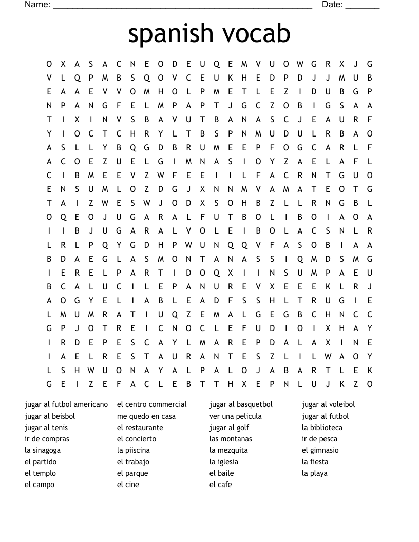 spanish vocab Word Search