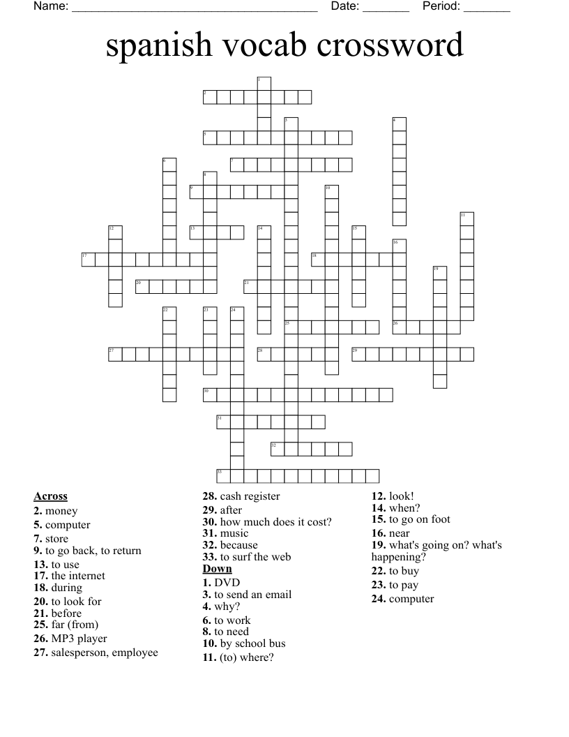 spanish vocab crossword