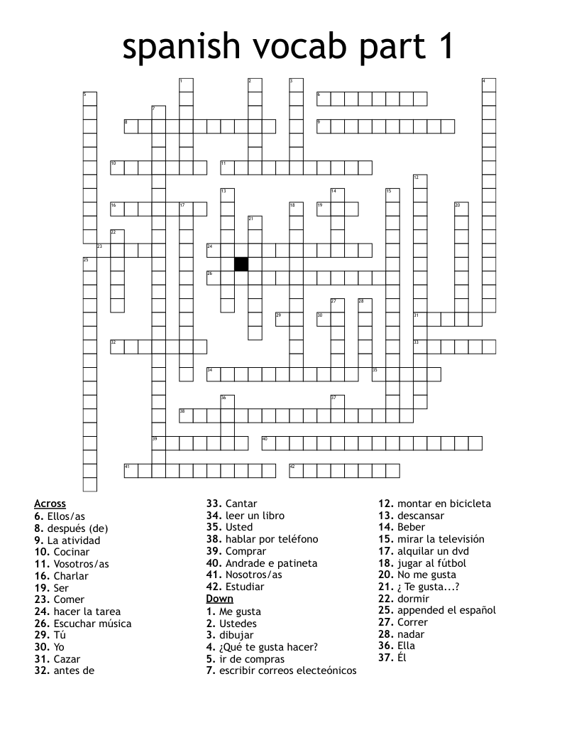 spanish vocab part 1 Crossword