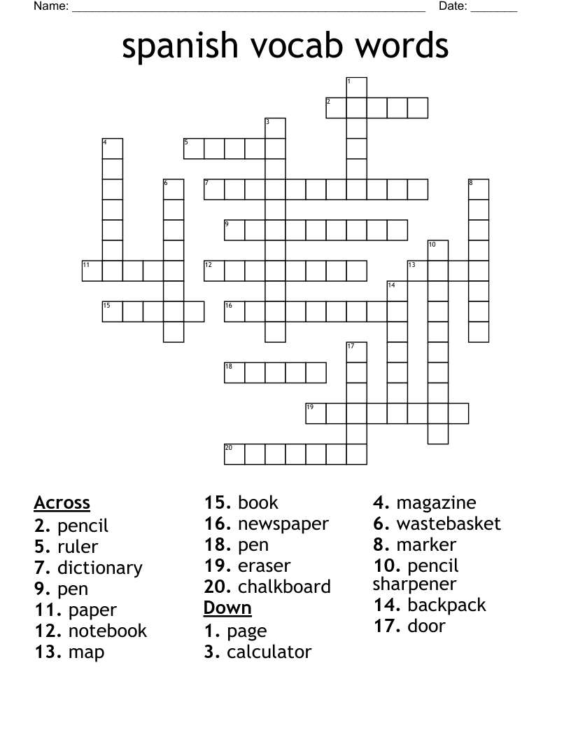 spanish vocab words Crossword