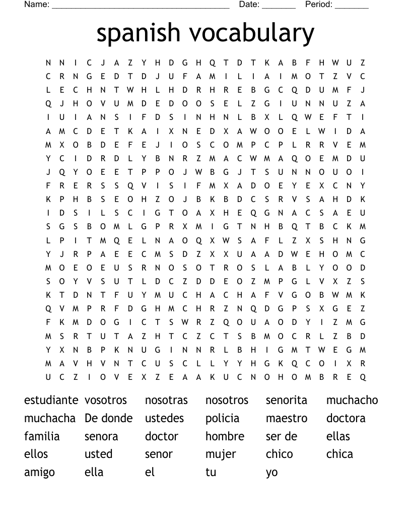 spanish vocabulary Word Search