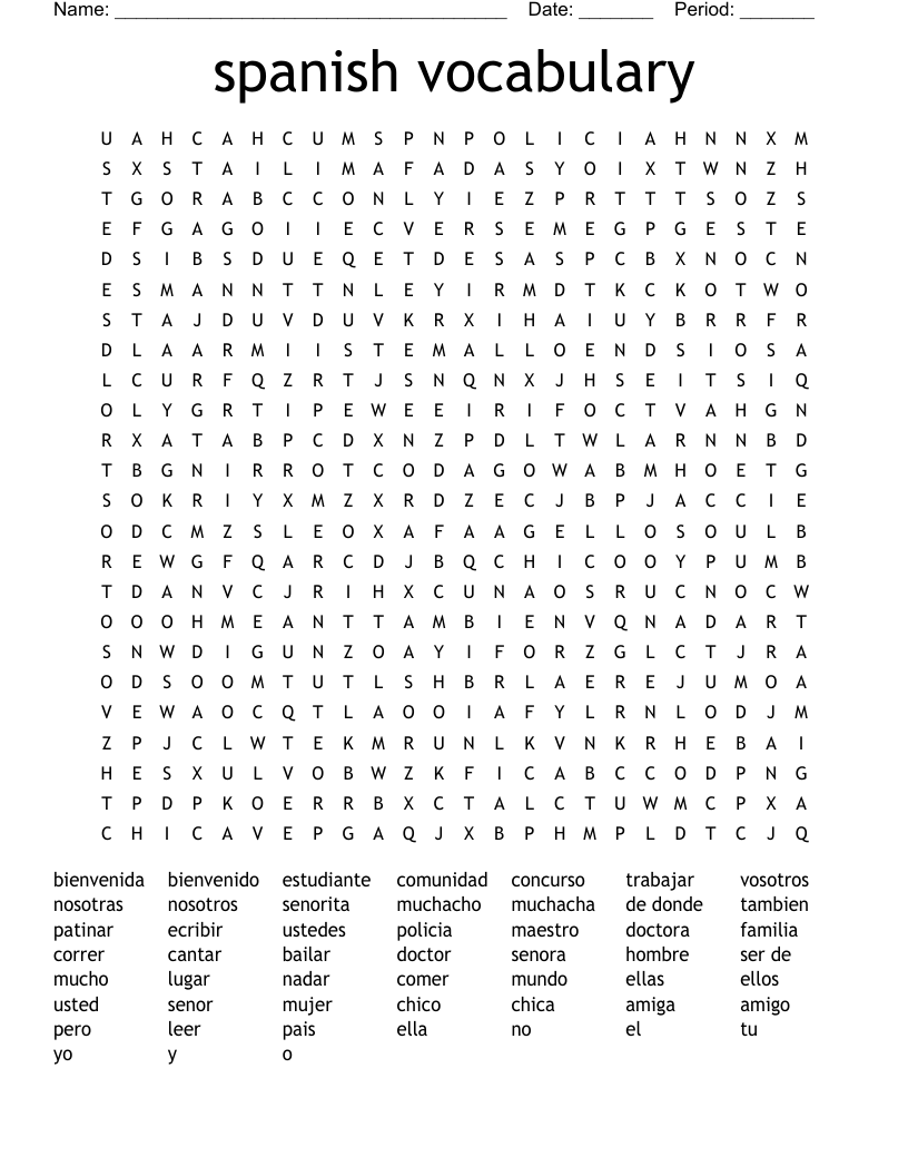 spanish vocabulary Word Search