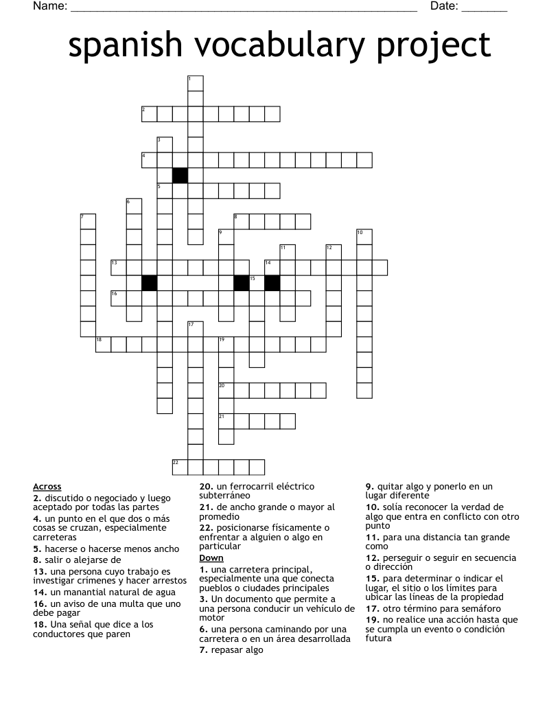 spanish vocabulary project Crossword