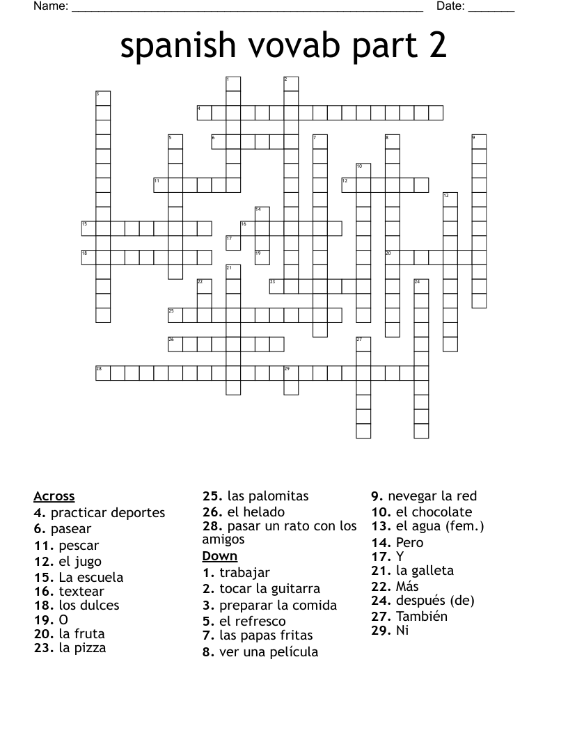 spanish vovab part 2 Crossword