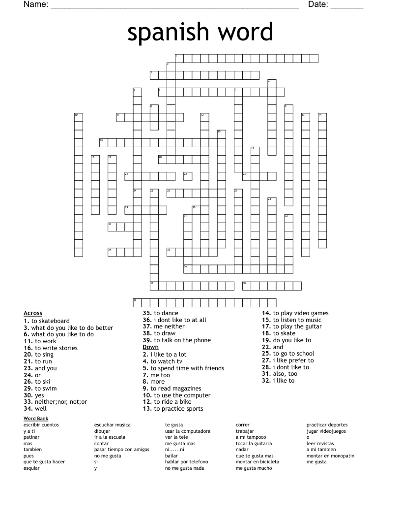 spanish word Crossword