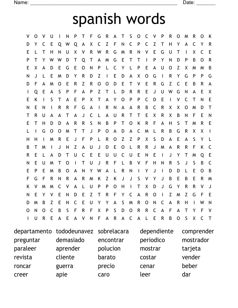 spanish words Word Search