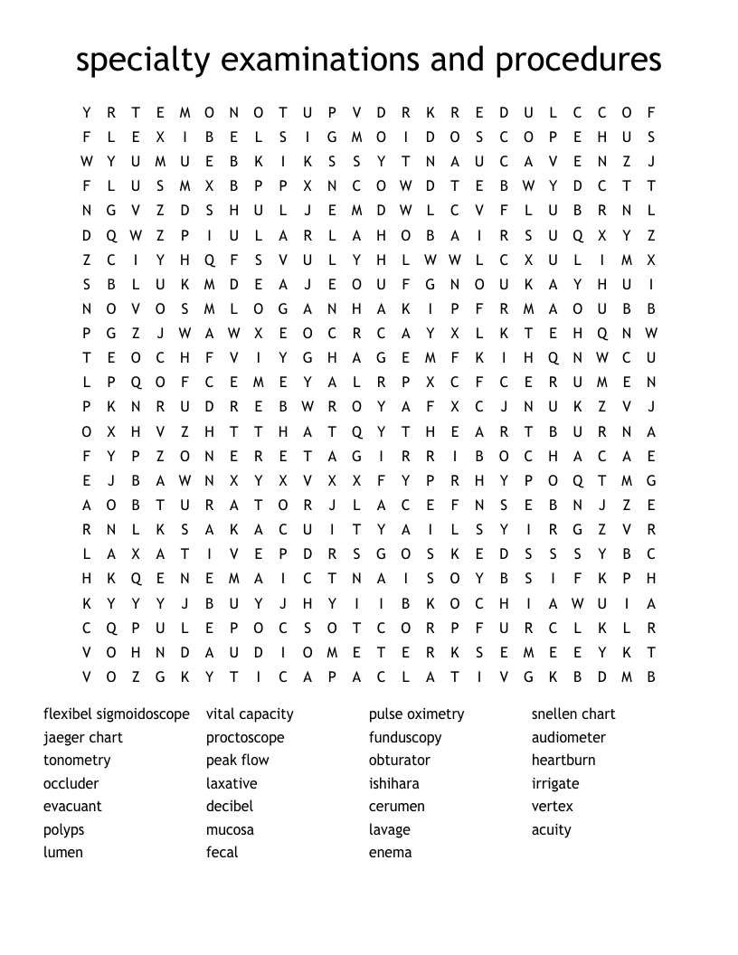 specialty examinations and procedures Word Search