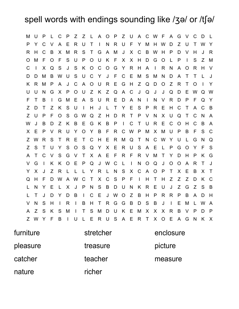 spell words with endings sounding like /ʒə/ or /tʃə/ Word Search