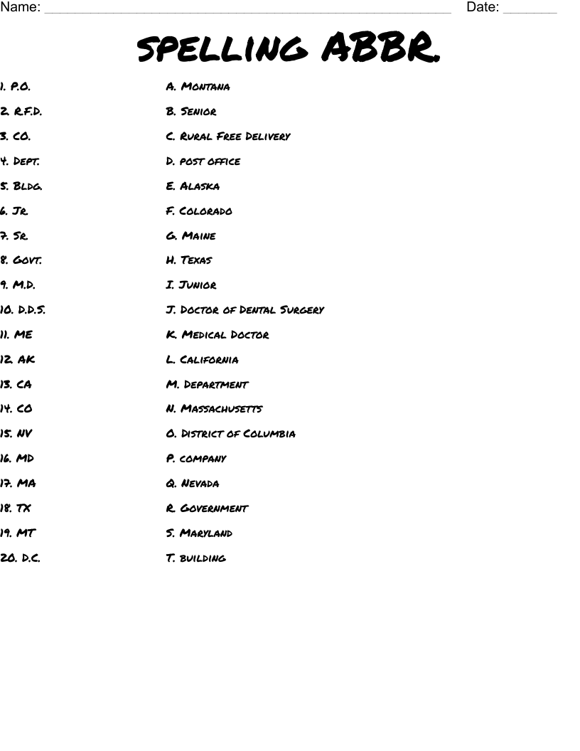 spelling ABBR. Worksheet