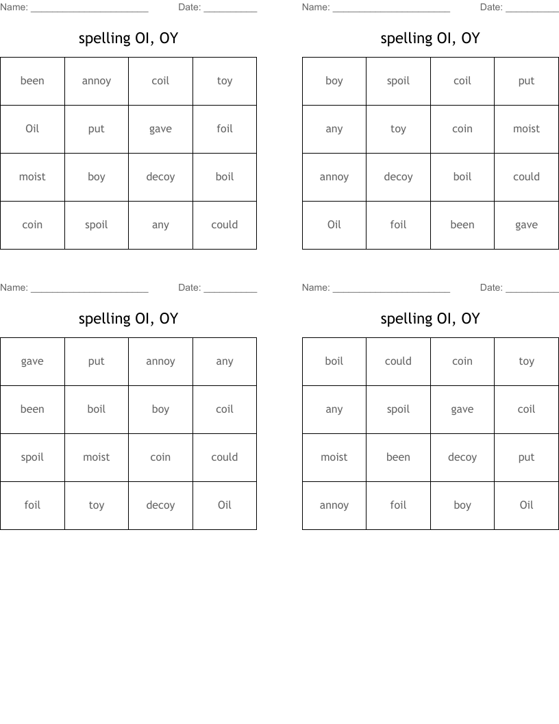 spelling OI, OY Bingo Cards