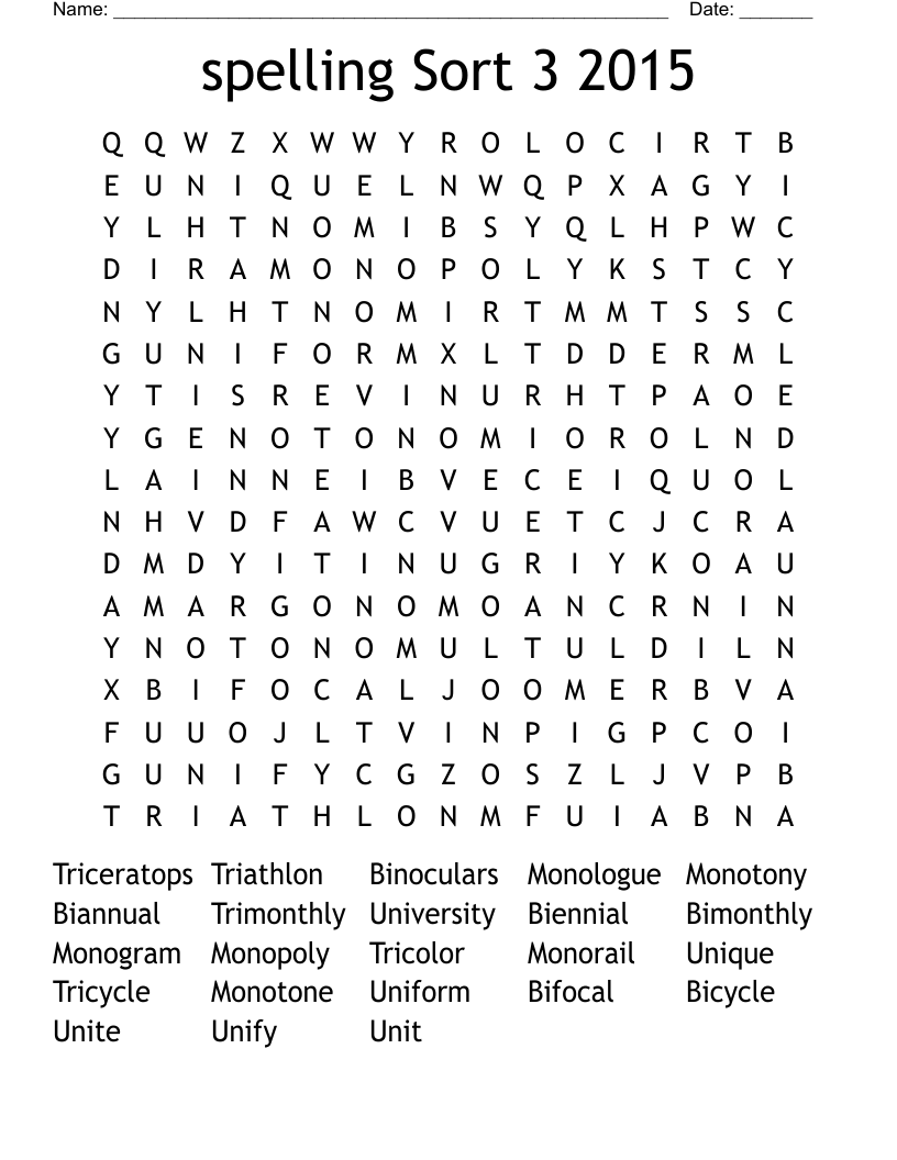 spelling Sort 3 2015 Word Search