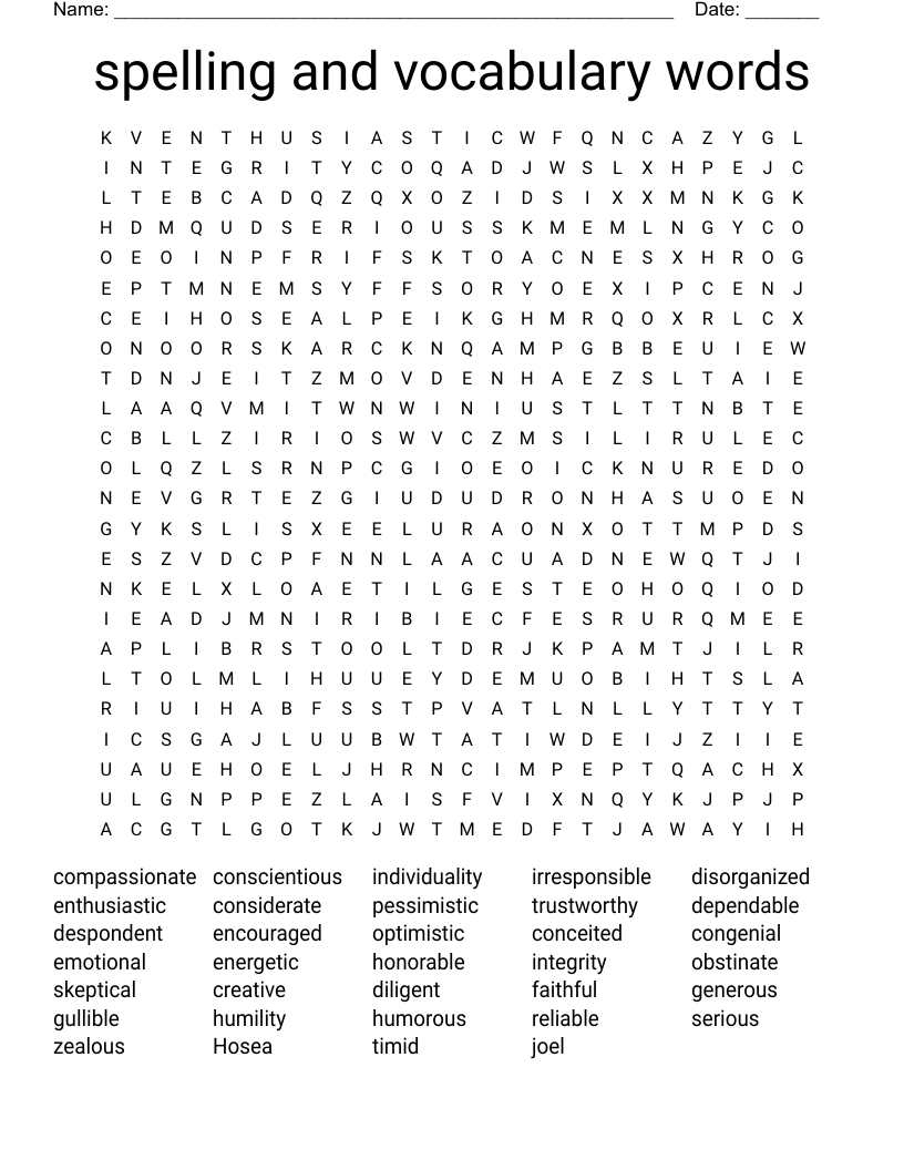 spelling and vocabulary words Word Search