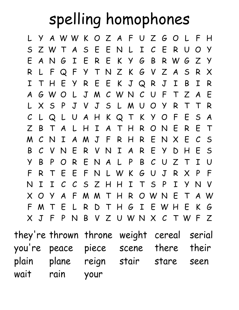 spelling homophones Word Search