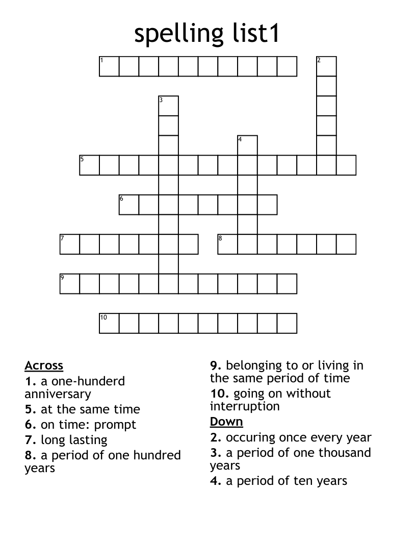 spelling list1 Crossword
