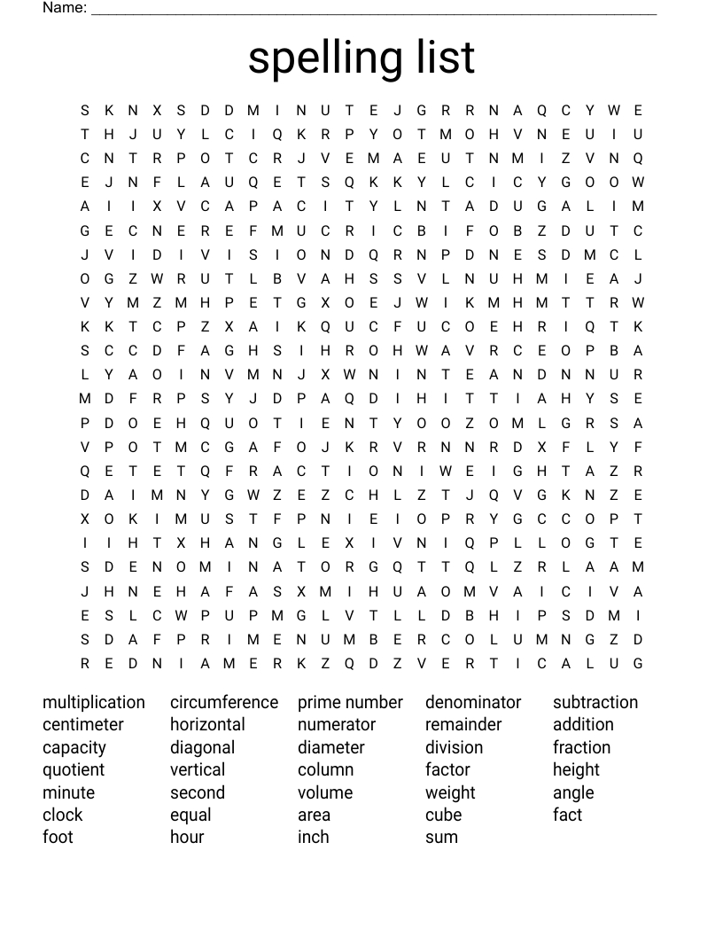 spelling list  Word Search