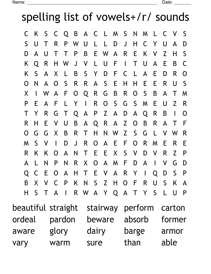 spelling list of vowels+/r/ sounds Word Search