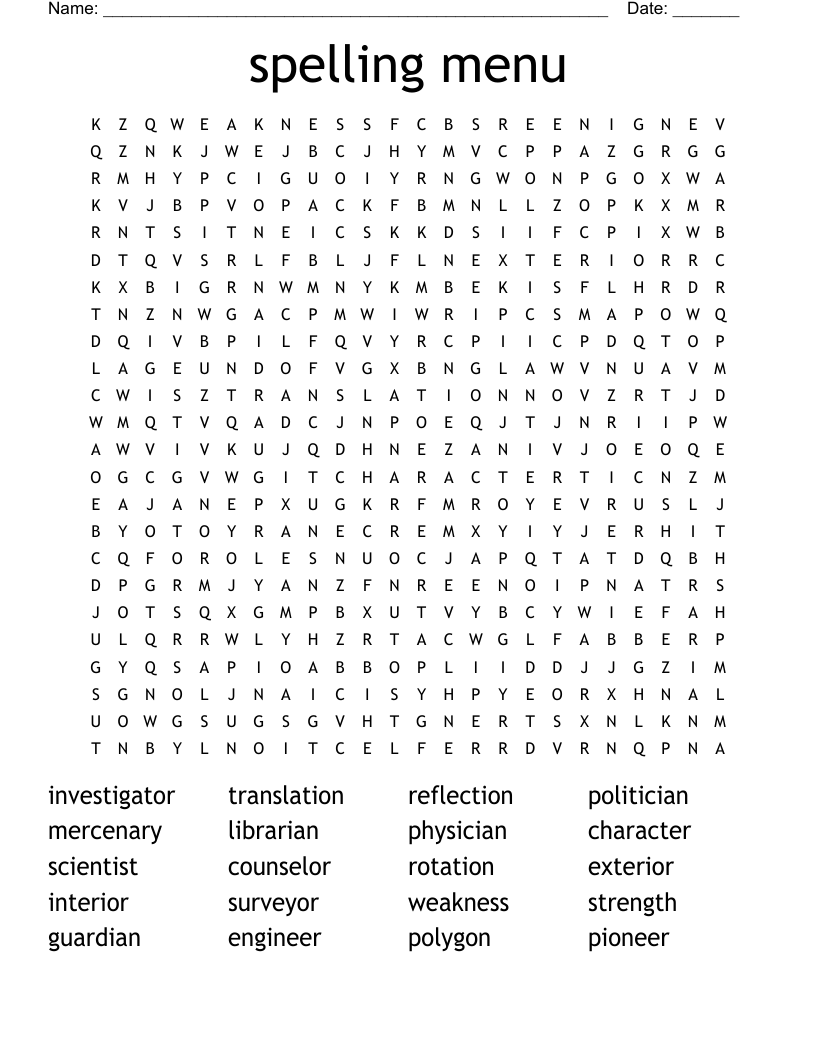 spelling menu Word Search