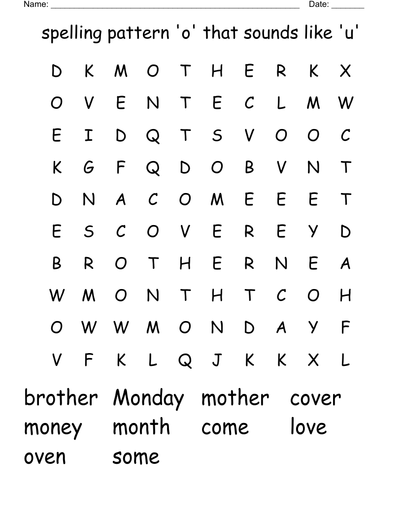 spelling pattern 'o' that sounds like 'u' Word Search